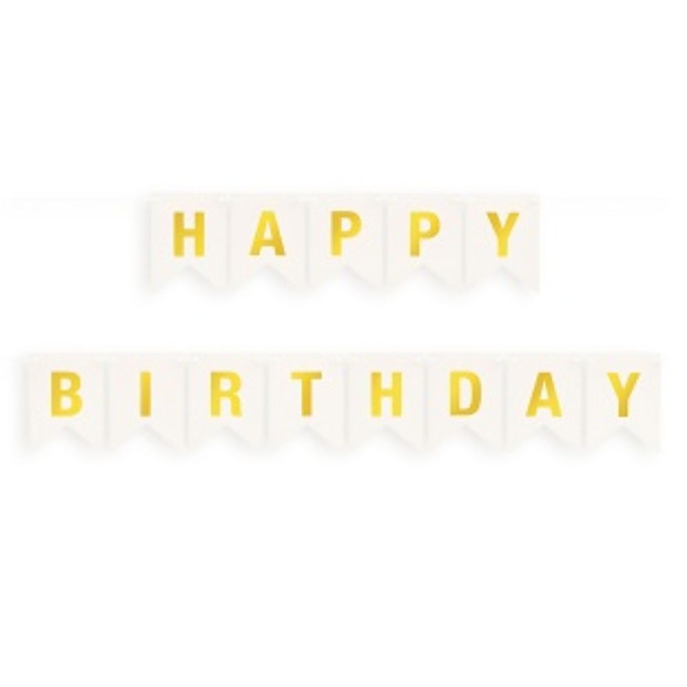 Гирлянда Флажки, Happy Birthday, Белый/Золото, Металлик, 500 см, 16*12 см, 1 упак.