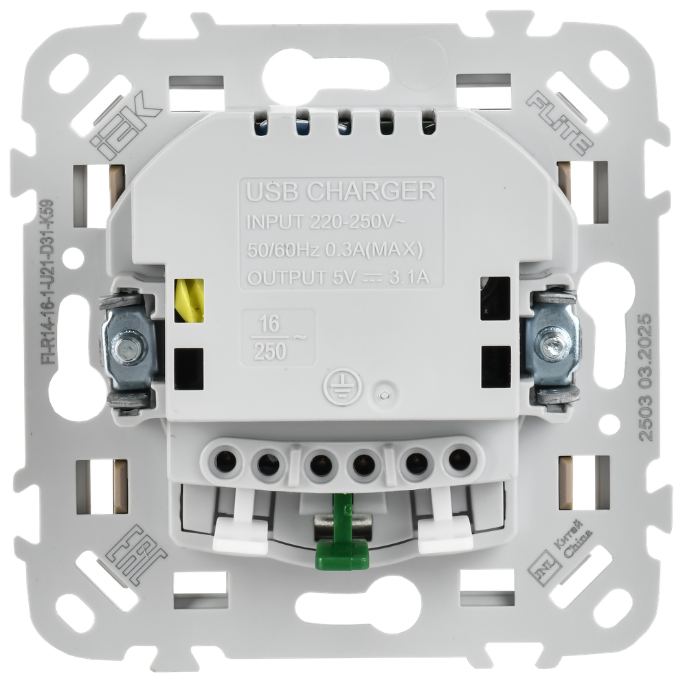 FLITE Розетка 1-местная с заземлением с защитными шторками 16А с USB A+A 3,1А безвинтовое крепление РСЮша11-1-ФлХ хаки IEK