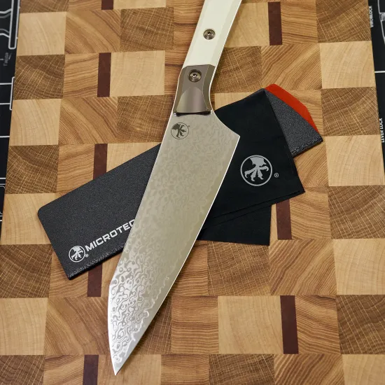 Нож кухонный Microtech Chef's Knife 3000B-16IVPR, San Mai Damascus M390, Bronze Titanium / Ivory G-10 - рукоять G10 / титан, сталь - San Mai Damascus M390