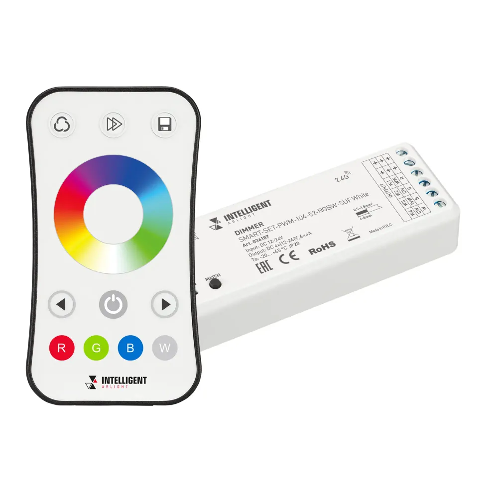 INTELLIGENT ARLIGHT Диммер SMART-SET-PWM-104-52-RGBW-SUF White (12-24V, 4x4A, ПДУ RING 10кн, 2.4G) (IARL, IP20 Пластик, 5 лет) INTELLIGENT ARLIGHT Диммер SMART-SET-PWM-104-52-RGBW-SUF White (12-24V, 4x4A, ПДУ RING 10кн, 2.4G) (IARL, IP20 Пластик, 5 лет)