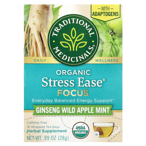 Traditional Medicinals, Organic Stress Ease® Focus, женьшень, дикое яблоко и мята, без кофеина, 16 чайных пакетиков в упаковке, 28 г (0,99 унции)