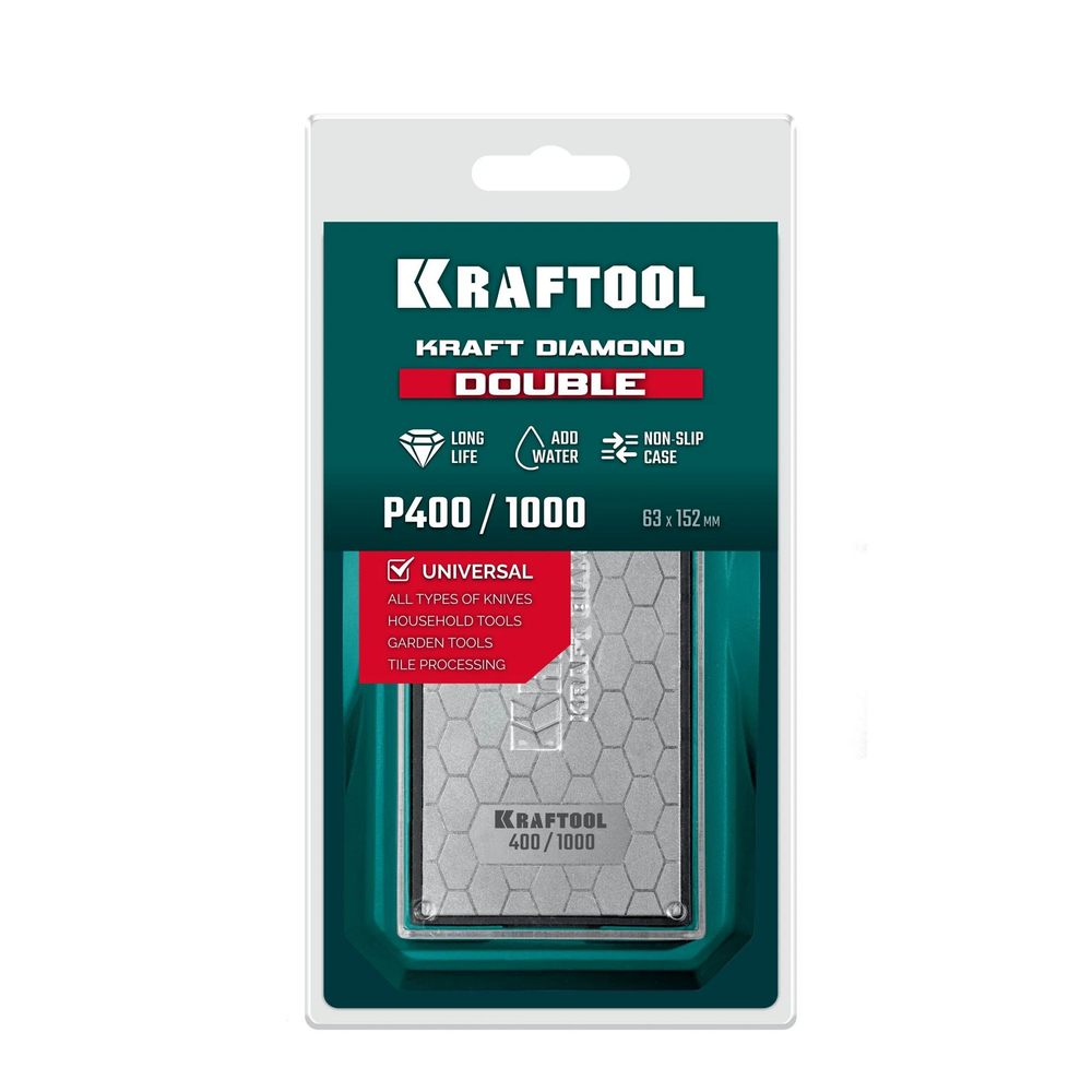 Новинка! Пластина алмазная заточная двухсторонняя на подставке KRAFTOOL DIAMOND DOUBLE Р400 / 1000 90 х 180 мм, для ручной заточки бытовых инструментов, ножей, садового инвентаря, работы с плиткой 35711-400-1000
