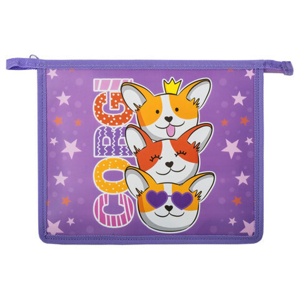 Папка для тетрадей ПИФАГОР А5, 1 отделение, пластик, на молнии, Corgi queen, 272192