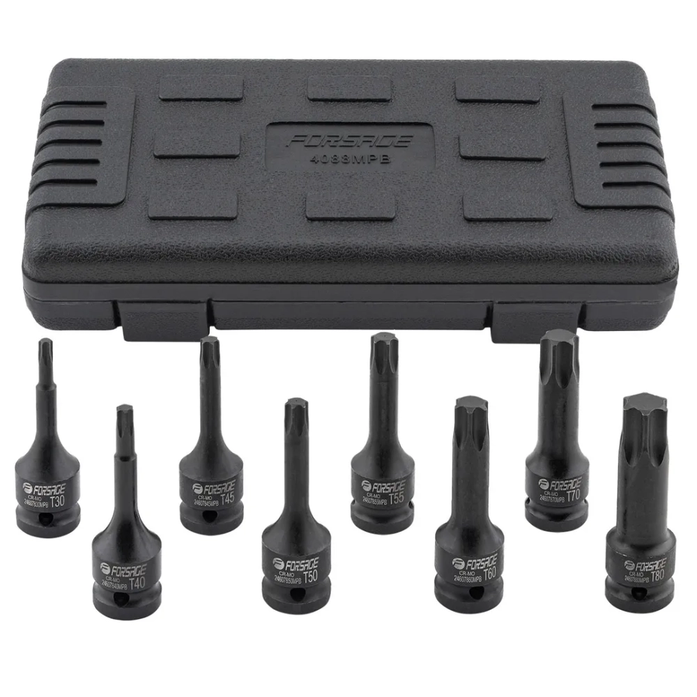 Набор головок-бит TORX ударных 8пр. 1/2''(T30, Т40, Т45, Т50, Т55, Т60, Т70, 80), в кейсе Forsage F-4088MPB