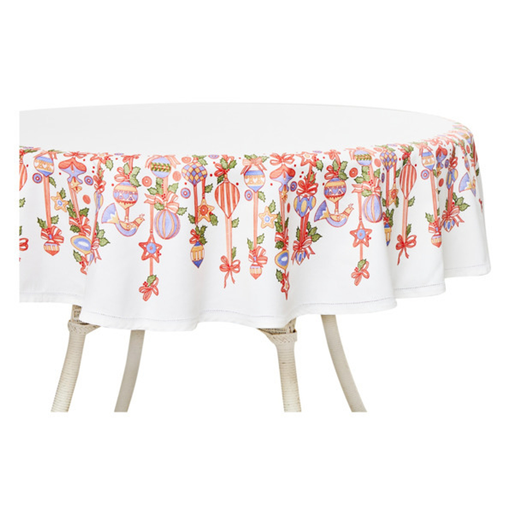 Скатерть круглая 168см Mix&Match Home Новогодние игрушки белая с принтом