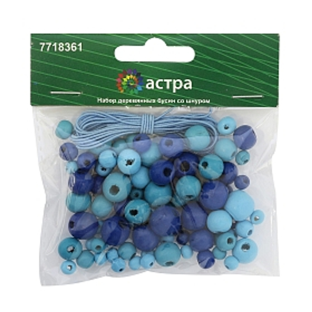 Astra&Craft Набор деревянных бусин со шнуром (6,8,10,12мм), 90шт, голубой микс цвет, Astra&Craft