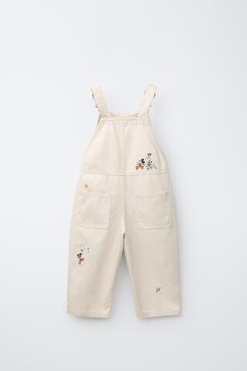 ZARA ДЖИНСОВЫЙ КОМБИНЕЗОН С ВЫШИВКОЙ MICKEY MOUSE © DISNEY, ЭКРЮ