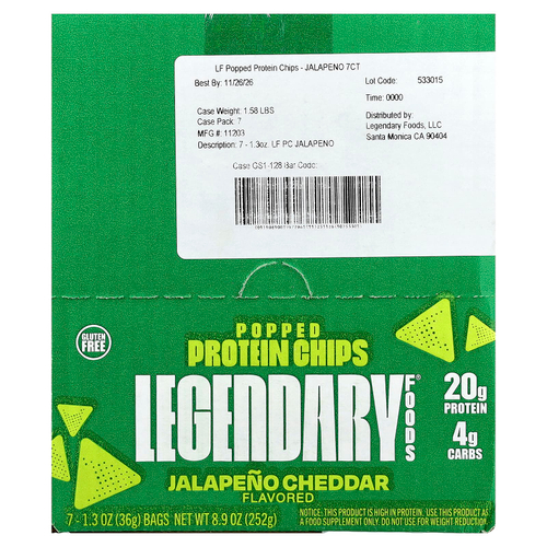 Legendary Foods, протеиновые чипсы, халапеньо и чеддер, 7 пакетиков по 36 г (1,3 унции)