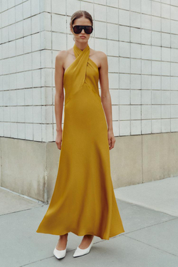 ZARA АТЛАСНОЕ ПЛАТЬЕ МИДИ ХАЛТЕР, ГОРЧИЧНЫЙ