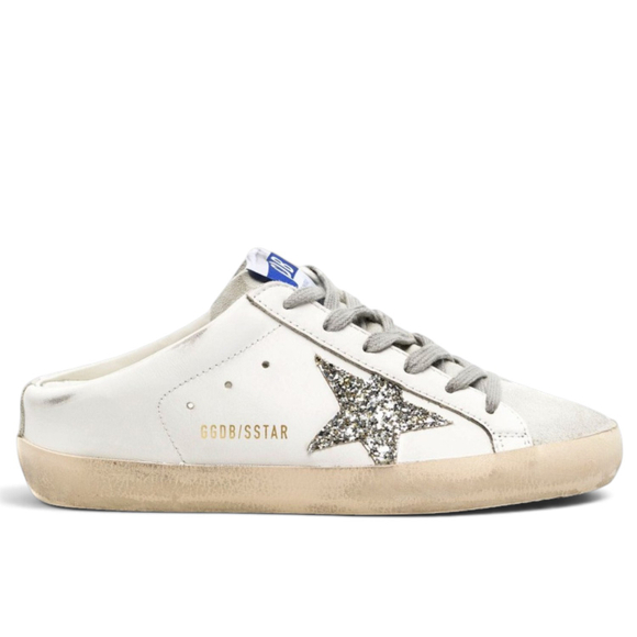 Women's Golden Goose Superstar Sabot with Platinum Glitter Star and Suede Tongue