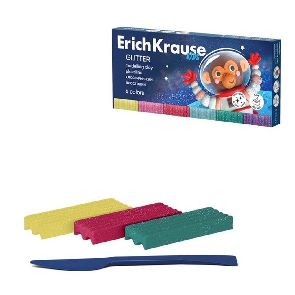 Пластилин классический ErichKrause Kids Space Animals 6 цветов со стеком, 108 г (в коробке 6 шт) Арт. 61330