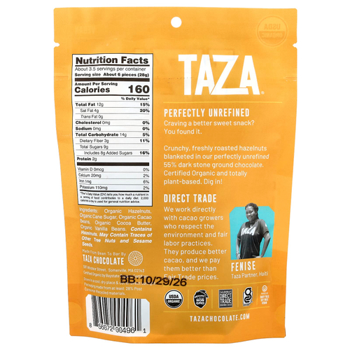 Taza Chocolate, фундук в шоколадной глазури, 55% какао, 99 г (3,5 унции)