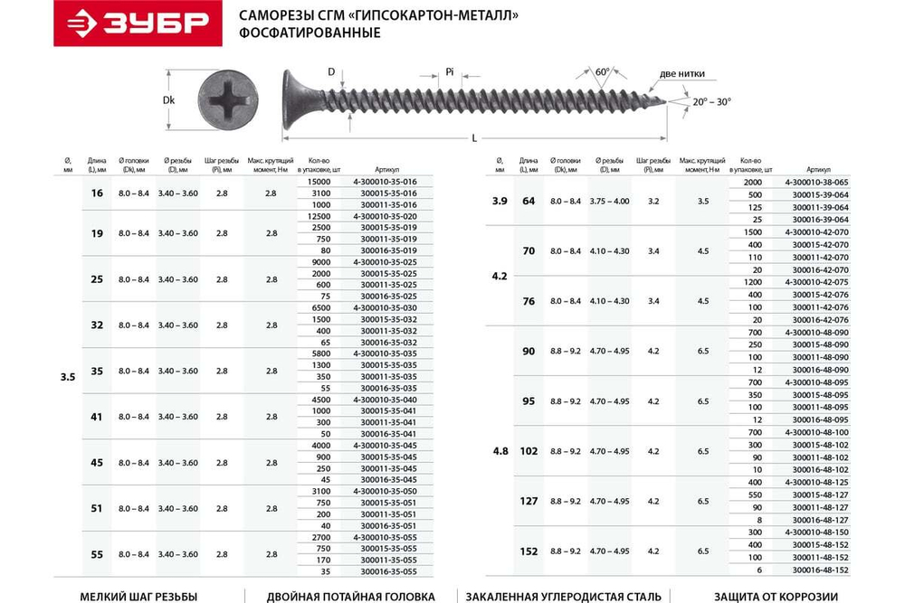 Саморезы ЗУБР СГМ гипсокартон-металл, 41 х 3.5 мм, 300 шт, фосфатированные, 300011-35-041