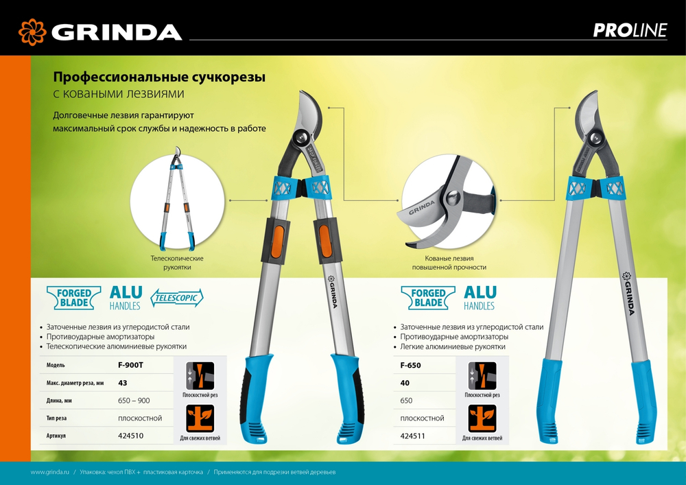 GRINDA F-650, 650 мм, высокоуглеродистая сталь, кованые лезвия, алюминиевые рукоятки, плоскостной сучкорез, PROLine (424511)