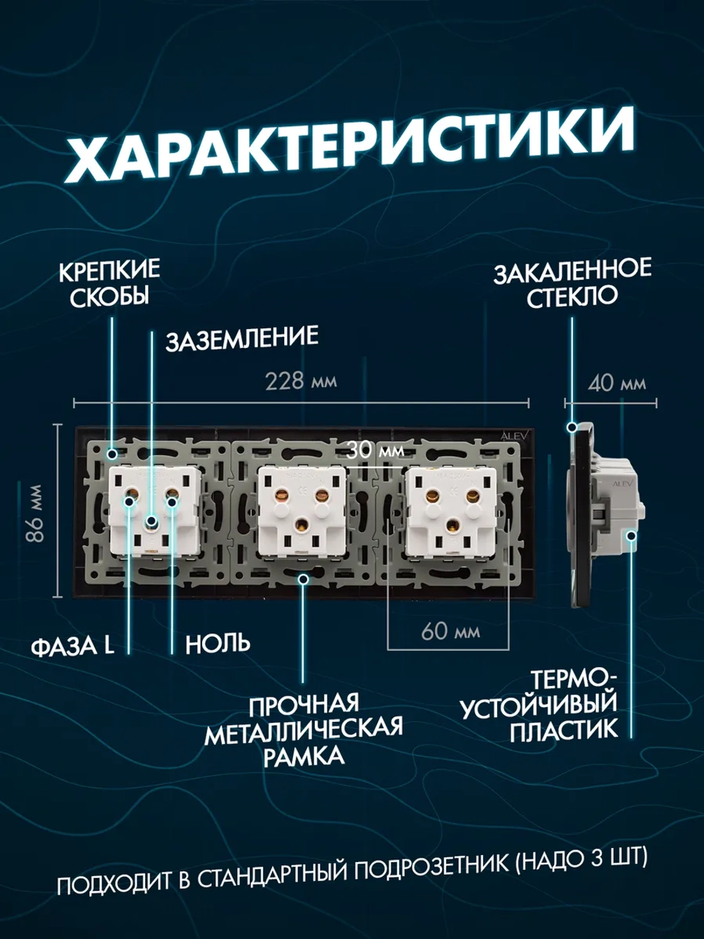 Розетка с заземлением тройная из закаленного стекла
