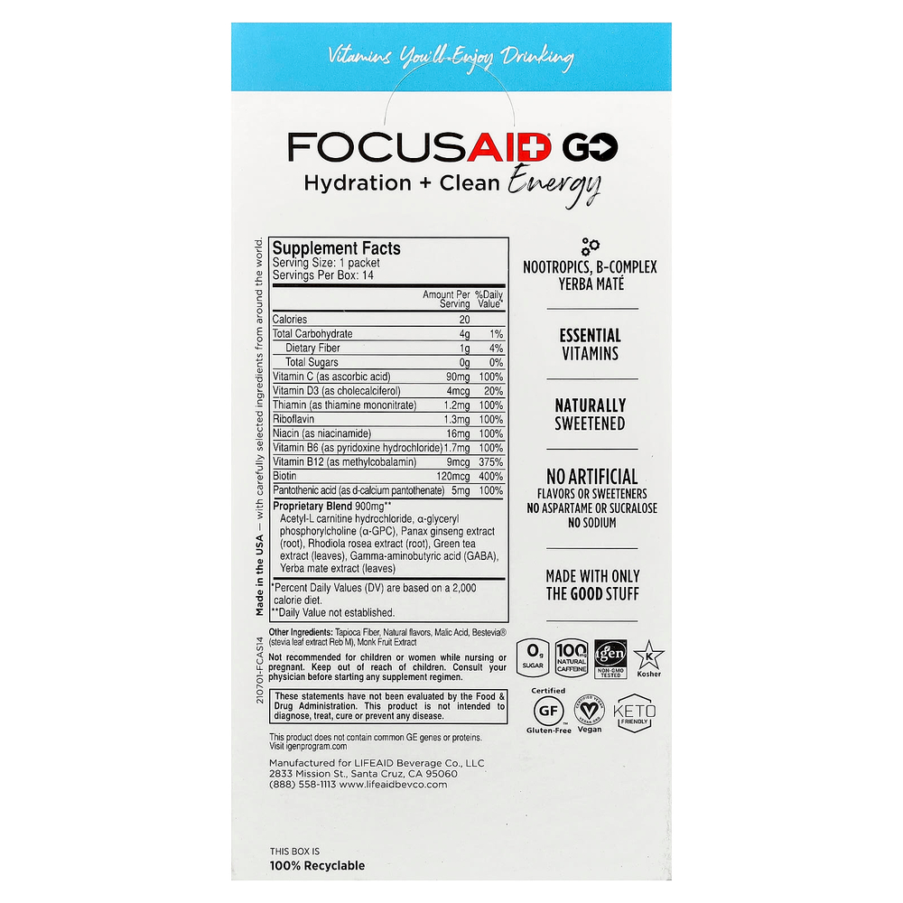 FITAID, FocusAid® Go, увлажнение и чистая энергия, со вкусом арбуза, 14 пакетиков с порошком по 4,5 г (0,16 унции)