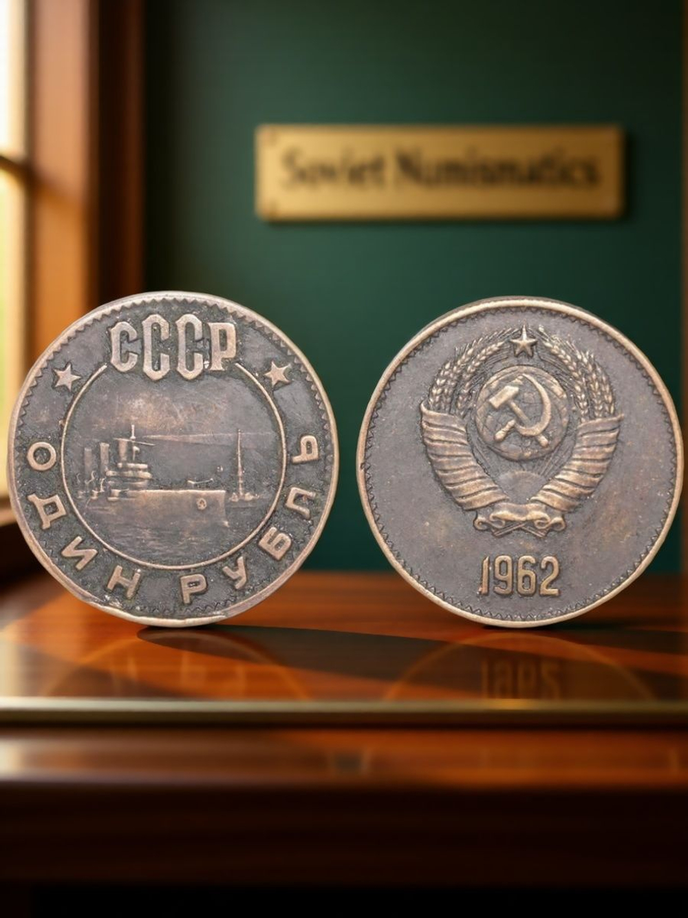 1 рубль 1962 года СССР Крейсер Аврора Проба Копия пробной монеты медь патина