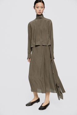 Massimo Dutti Асимметричное драпированное платье миди - Limited Edition, коричневый