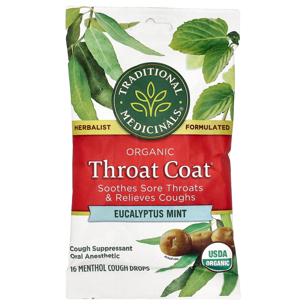 Traditional Medicinals, Organic Throat Coat®, леденцы от кашля с эвкалиптом и мятой, 16 шт.
