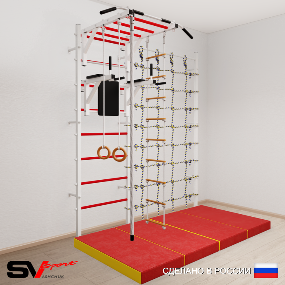 Шведская стенка Sv Sport 52340 (Турник рукоход/Брусья/Канат/Кольца/Лестница/Мат 2м/Канатный лаз)