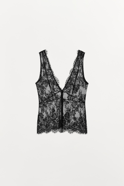 ZARA КРУЖЕВНОЙ ТОП С ПУГОВИЦАМИ, ЧЕРНЫЙ