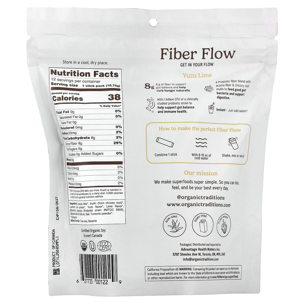 Organic Traditions, Fiber Flow™, юдзу и лайм, 12 стиков по 10,75 г