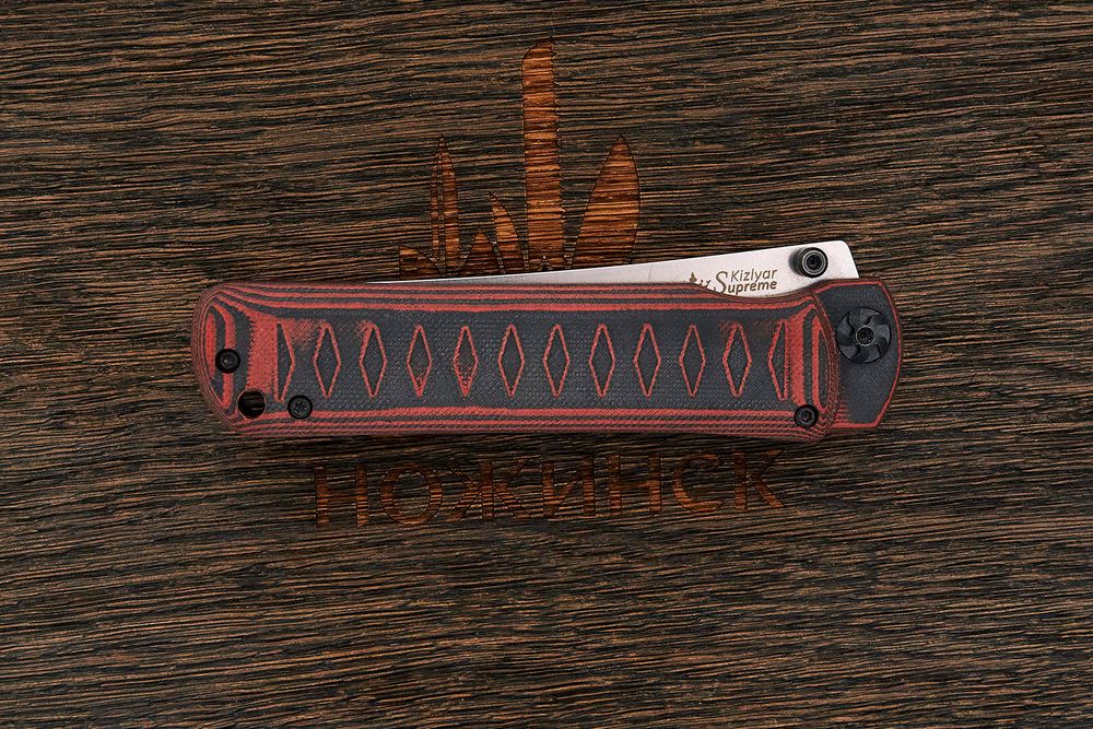 Нож складной Kizlyar Supreme Whisper, клинок 96мм, сталь D2, рукоять G10 чёрно-красный