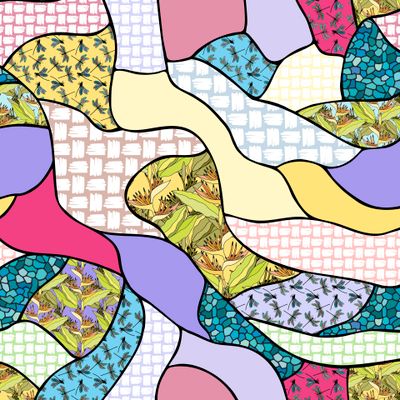 Seamless pattern of different elements, print for fabric. Patchwork.