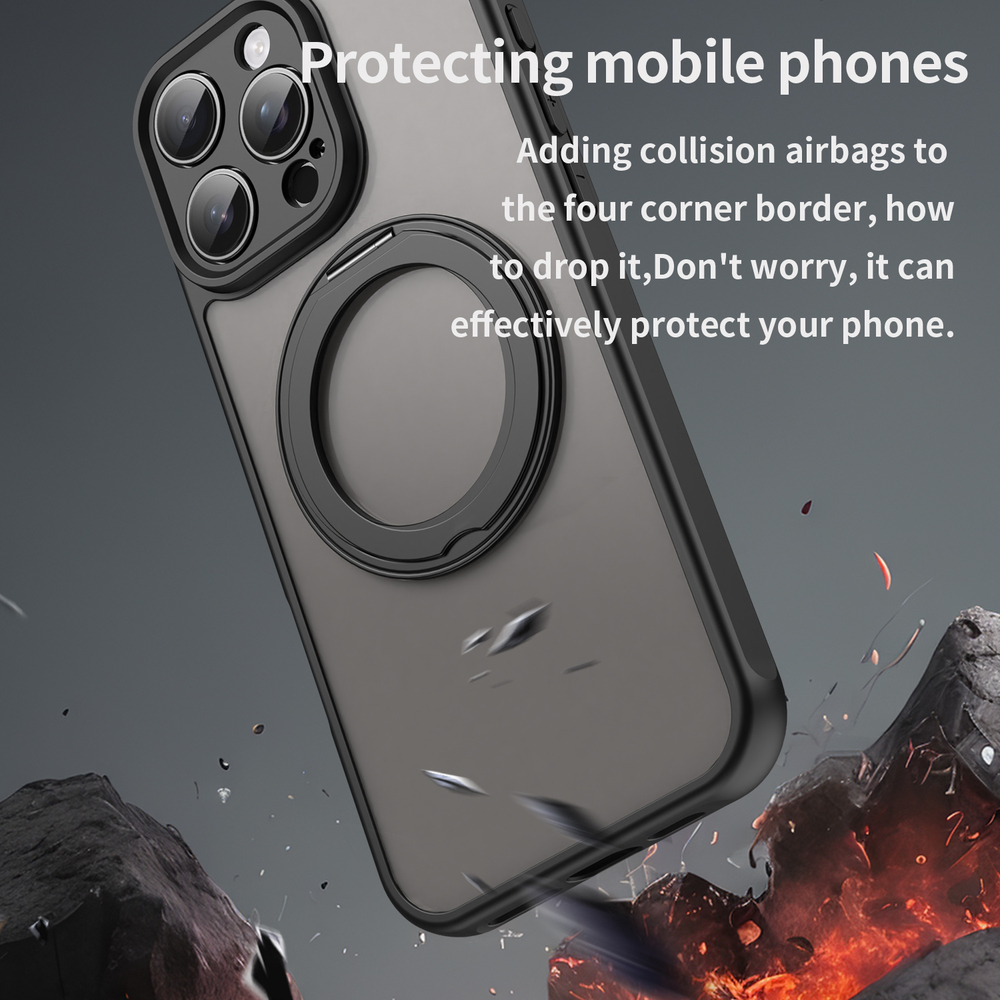 Чехол с магнитным поворотным кольцом-подставкой для iPhone 16 Pro Max, черный цвет рамок, поддержка MagSafe