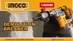 Отбойный молоток INGCO PDB14008 — показан инструмент крупным планом, демонтаж стены