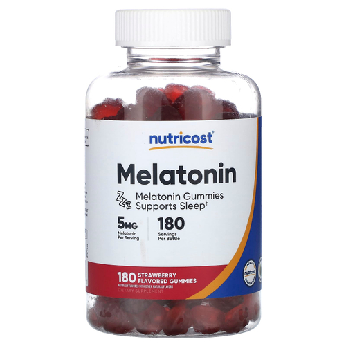 Nutricost, жевательные таблетки с мелатонином, со вкусом клубники, 5 мг, 180 жевательных таблеток