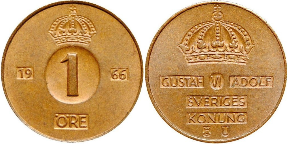 Швеция 1 эре, 1952-1971 Король Густав VI Адольф XF