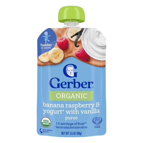 Gerber, органическое пюре, для детей от 12 месяцев, банан, малина и йогурт с ванилью, 99 г (3,5 унции)