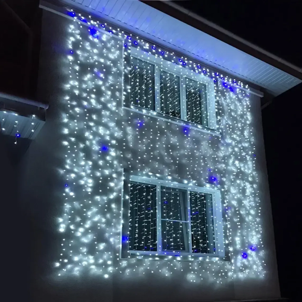 Гирлянда для улицы ЗАНАВЕС «Мерцание» ш2.0* в6.0 м 960 ламп LED, прозрач.пров,1 реж.,IP-54, Белый, синий мерцает (возможность соединения)