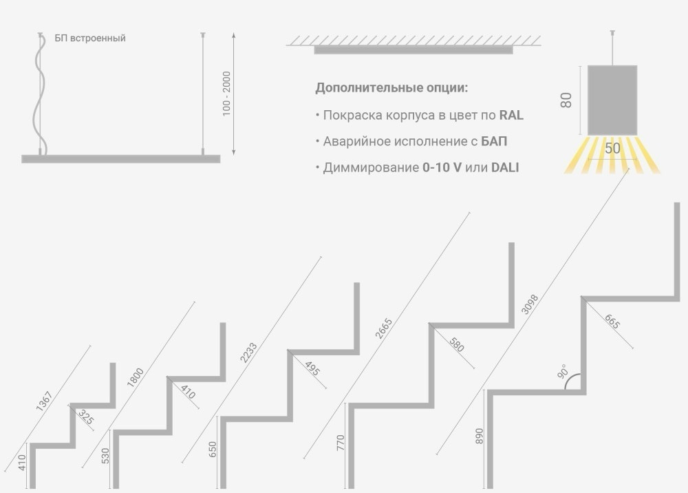 Подвесной LED светильник "ЗигЗаг" LP85-STEPS-L90-5S530 (сегмент 530 мм) 67Вт 4000К 6164Лм черный 1800х410х80мм DIOLUM