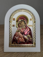 Владимирская БМ, икона арочная, белое дерево, эмаль 105х140