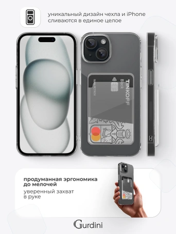 Чехол накладка iPhone 15 Plus 6.7" Gurdini силикон с отделением для карты прозрачный