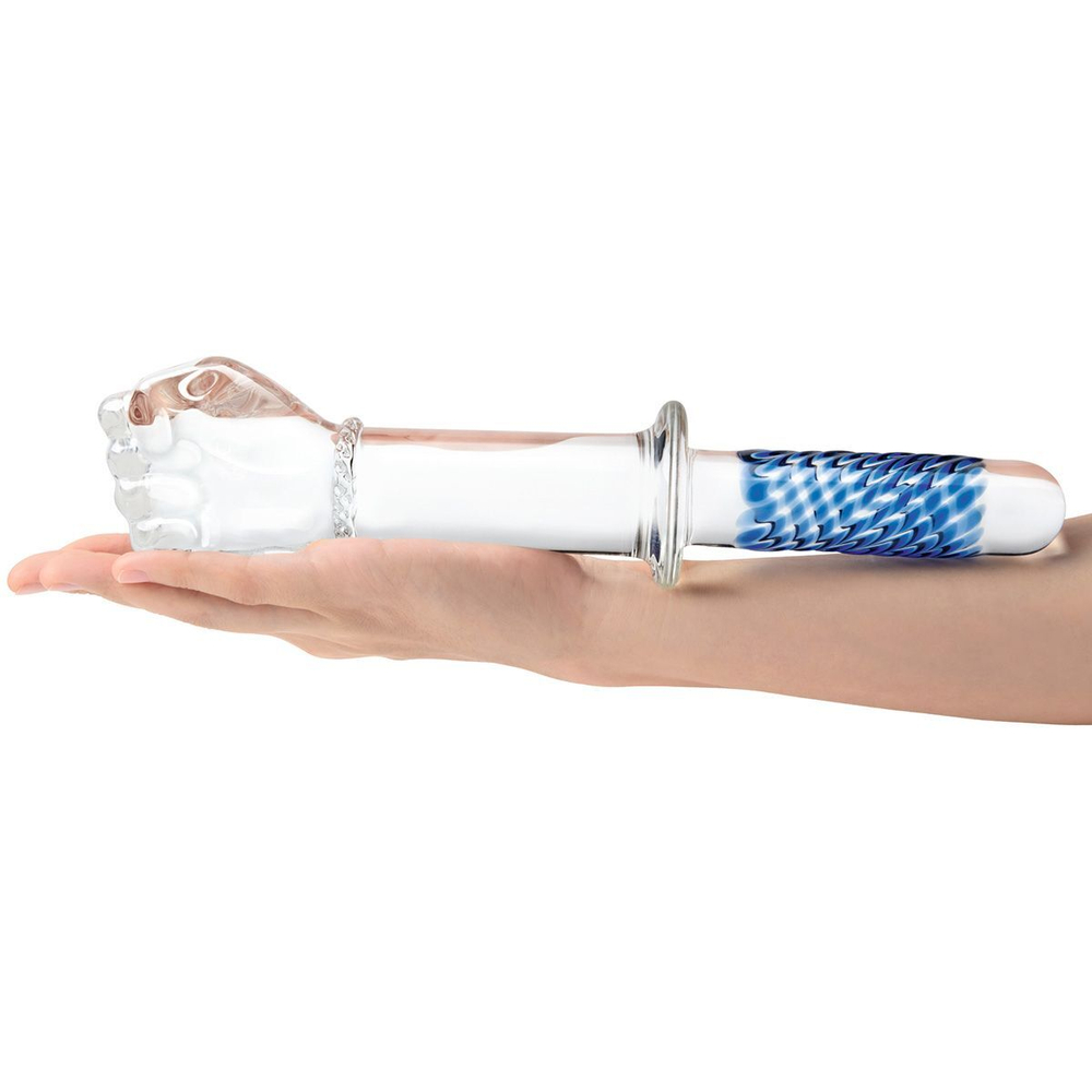 Стеклянный стимулятор в форме сжатой в кулак руки 11’’ Glass Fist Double Ended With Handle Grip - 28 см. (Цвет: синий)