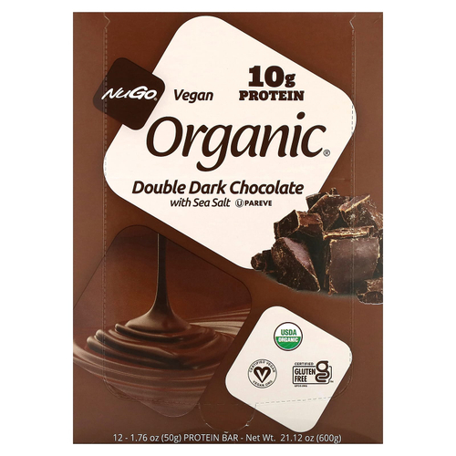NuGo Nutrition, Organic® протеиновые батончики, двойной темный шоколад с морской солью, 12 батончиков по 50 г (1,76 унции)