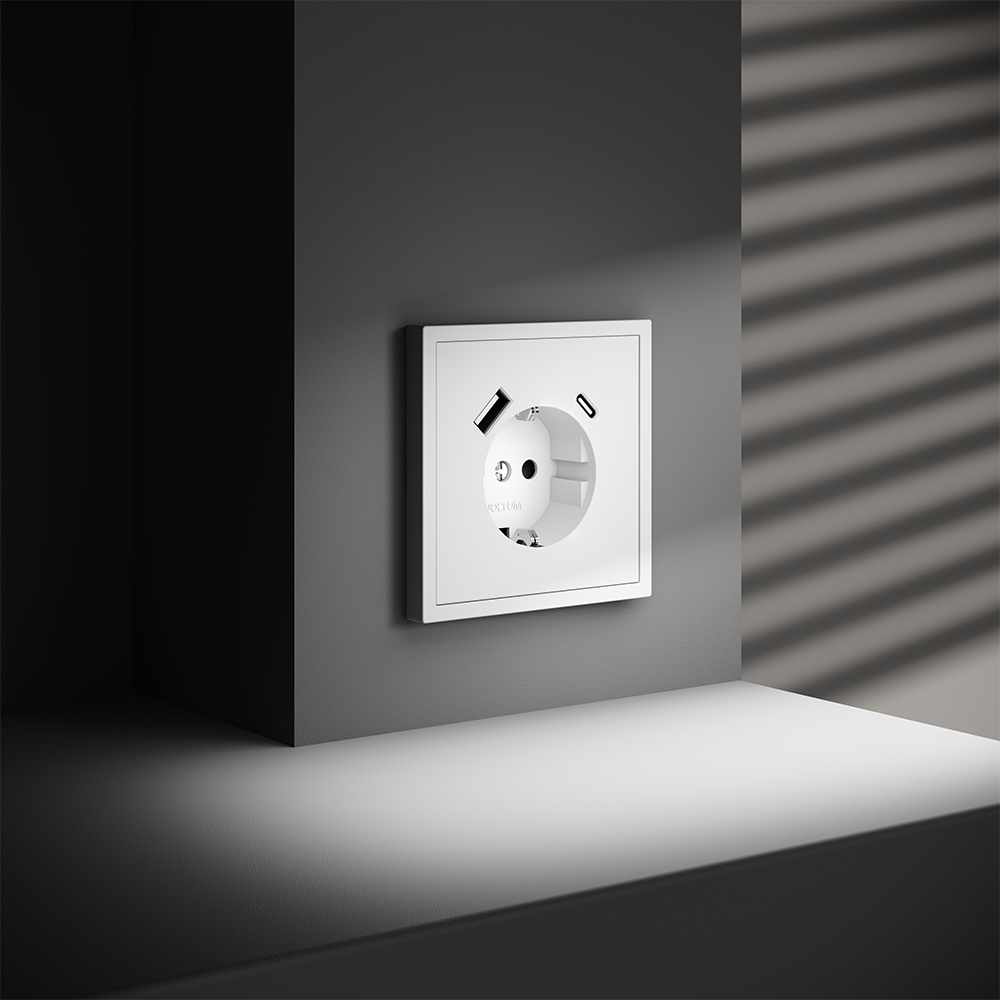Розетка встраиваемая с заземлением и защитными шторками, 16А, с USB, A+С, (белый матовый) Voltum S70 VLS040502