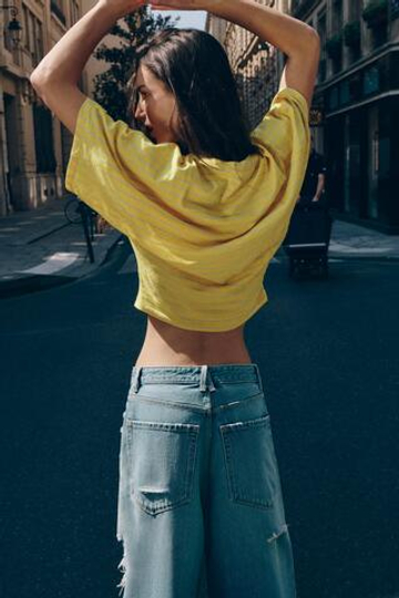 ZARA ФУТБОЛКА В ПОЛОСКУ ИЗ ХЛОПКА И ЛЬНА, ЖЕЛТЫЙ