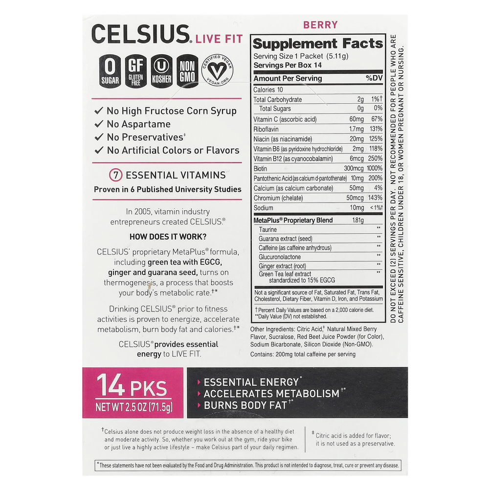 Celsius, Live Fit, ягоды, 14 пакетиков по 5,11 г (0,18 унции)