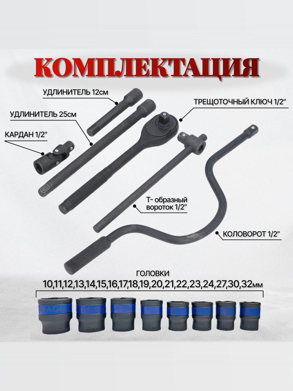 Набор ударных головок 1/2" 24 шт. с воротком / коловоротом / трещоткой под Гайковерт