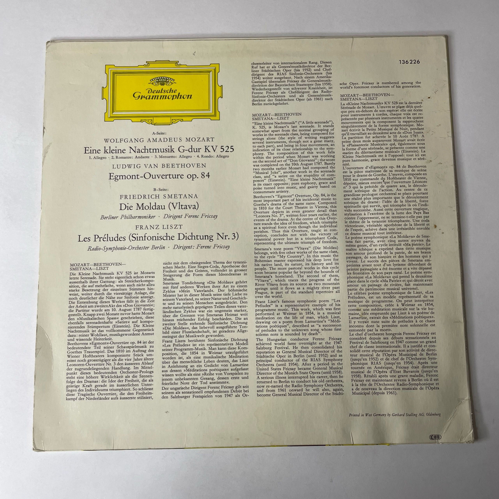 Винтажная виниловая пластинка LP Сборник Классическомй Музыки Berliner Philharmoniker Radio Symphonie Orchester Berlin, Ferenc Fricsay Моцарт, Бетховен, Сметана, Лист (Германия 1977)