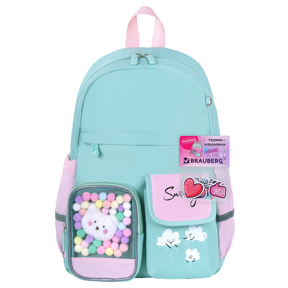 Рюкзак BRAUBERG PASTEL с термонашивками в комплекте, "Funny clouds", мятный, 40х29х14 см, 271421