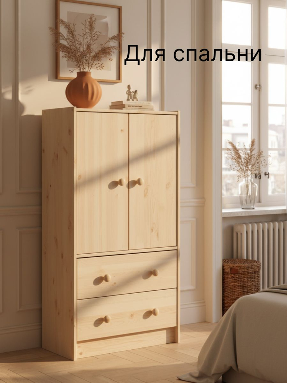 Комод 62х30х120, Раст, с 2 ящиками для одежды, с дверцами и полкой, массив сосны, прозрачный лак, IKEA