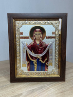 Покрова БМ, икона прямоугольная в рамке под стеклом, красный киот, эмаль 232х280