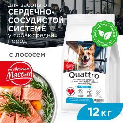 Корм сухой для взрослых собак средних пород, премиум полнорационный комплекс, забота о сердце и сосудах, с лососем, 12 кг, QUATTRO