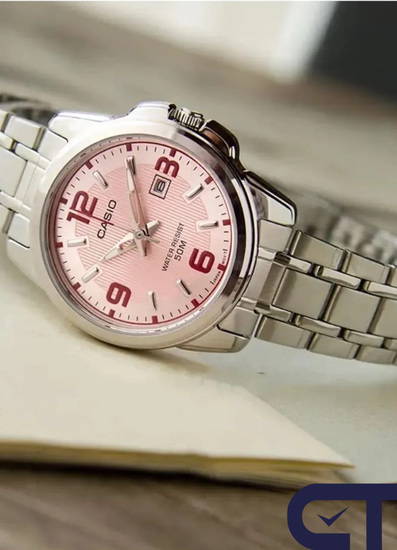 Casio LTP-1314D-5A — женские часы с розовым циферблатом, датой и неоновым покрытием