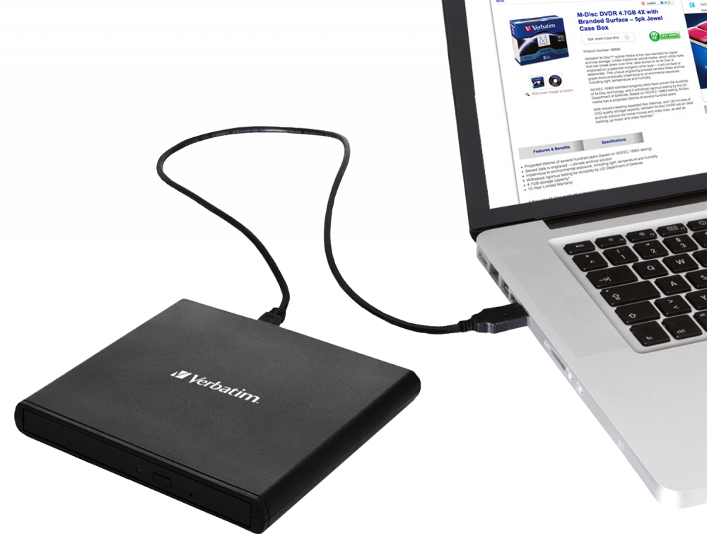 Привод внешний Verbatim Slimeline CD/DVD Writer USB 2.0 с адаптером на Type-C
